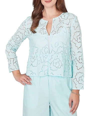 Ruby Rd. Petite Size Embroidered Floral Eyelet Long Sleeve Coordinating Peplum Jacket