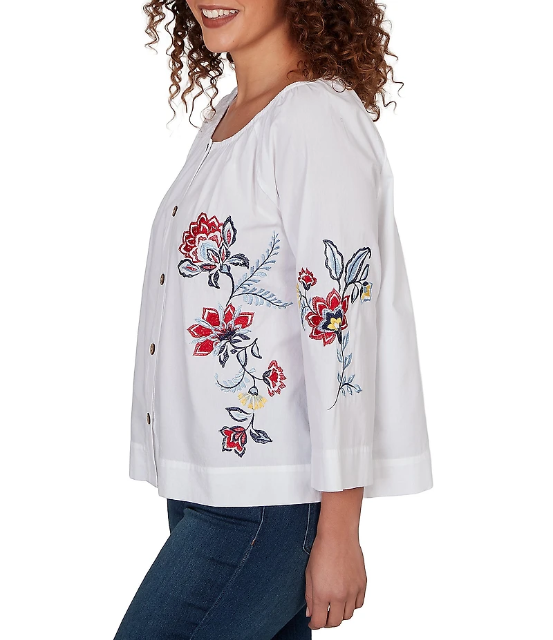 Ruby Rd. Petite Size Embroidered Floral Scoop Neck 3/4 Sleeve Button-Front Blouse