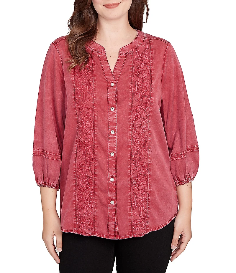 Ruby Rd. Petite Size Embroidered Floral Twill Banded Collar 3/4 Sleeve Button Front Shirt