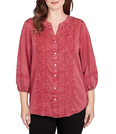Ruby Rd. Petite Size Embroidered Floral Twill Banded Collar 3/4 Sleeve Button Front Shirt