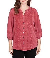Ruby Rd. Petite Size Embroidered Floral Twill Banded Collar 3/4 Sleeve Button Front Shirt