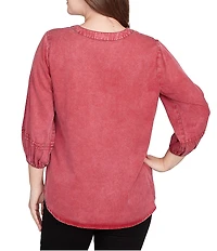 Ruby Rd. Petite Size Embroidered Floral Twill Banded Collar 3/4 Sleeve Button Front Shirt