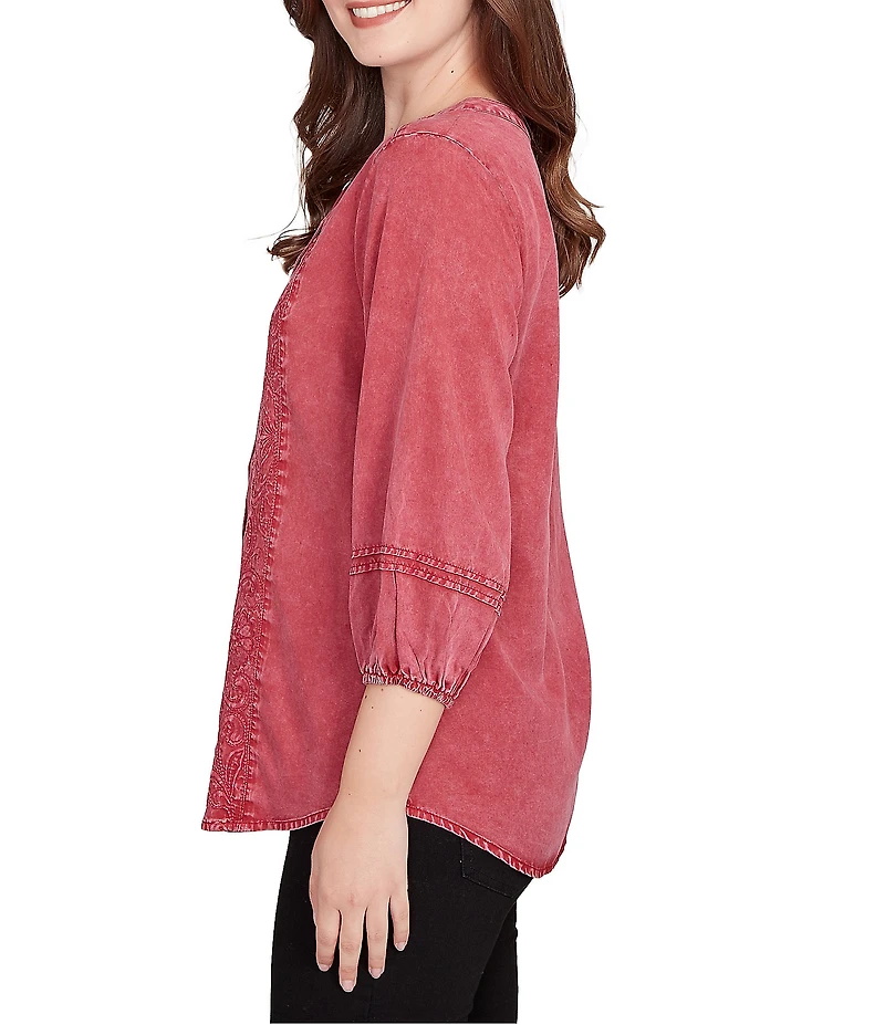 Ruby Rd. Petite Size Embroidered Floral Twill Banded Collar 3/4 Sleeve Button Front Shirt