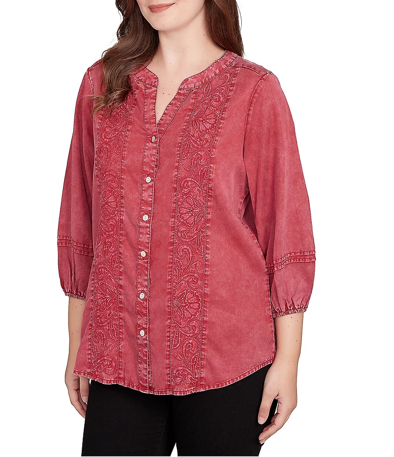 Ruby Rd. Petite Size Embroidered Floral Twill Banded Collar 3/4 Sleeve Button Front Shirt