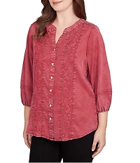 Ruby Rd. Petite Size Embroidered Floral Twill Banded Collar 3/4 Sleeve Button Front Shirt