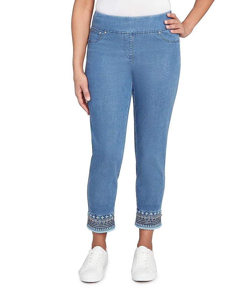Ruby Rd. Petite Size Embroidered Hem Pull-On Ankle Jeans
