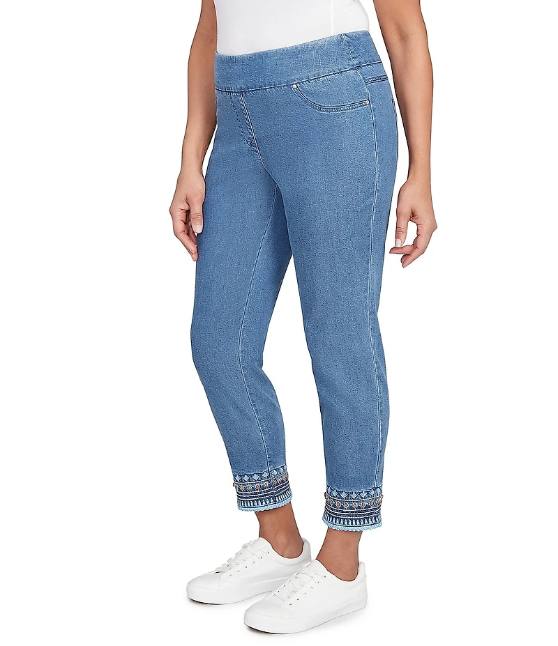 Ruby Rd. Petite Size Embroidered Hem Pull-On Ankle Jeans