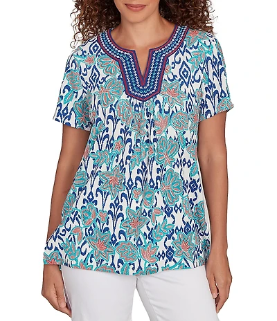 Ruby Rd. Petite Size Embroidered Knit Printed Split V-Neck Short Sleeve Top