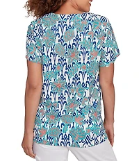 Ruby Rd. Petite Size Embroidered Knit Printed Split V-Neck Short Sleeve Top
