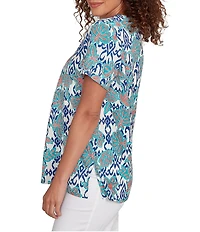 Ruby Rd. Petite Size Embroidered Knit Printed Split V-Neck Short Sleeve Top