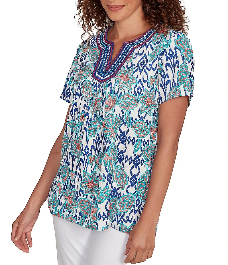 Ruby Rd. Petite Size Embroidered Knit Printed Split V-Neck Short Sleeve Top