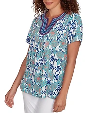 Ruby Rd. Petite Size Embroidered Knit Printed Split V-Neck Short Sleeve Top