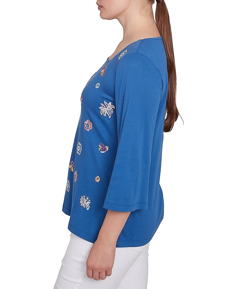 Ruby Rd. Petite Size Embroidered Knit Square Neck 3/4 Sleeve Top