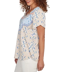 Ruby Rd. Petite Size Embroidered Printed Sweetheart Neck Short Tulip Sleeve Top
