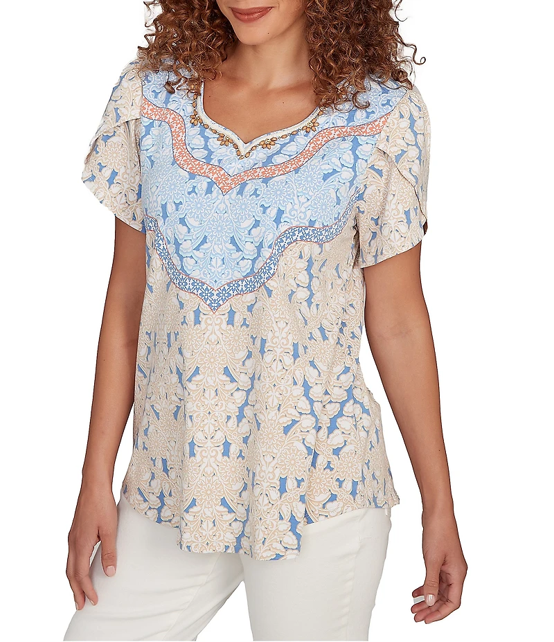Ruby Rd. Petite Size Embroidered Printed Sweetheart Neck Short Tulip Sleeve Top