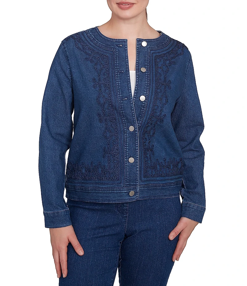 Ruby Rd. Petite Size Embroidered Denim Round Neck Long Sleeve Button-Front Jacket