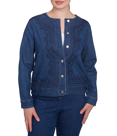 Ruby Rd. Petite Size Embroidered Round Neck Long Sleeve Button-Front Jacket