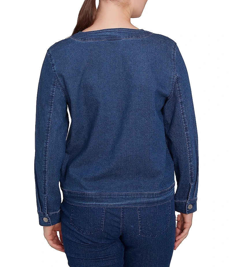 Ruby Rd. Petite Size Embroidered Denim Round Neck Long Sleeve Button-Front Jacket