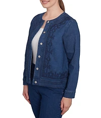 Ruby Rd. Petite Size Embroidered Denim Round Neck Long Sleeve Button-Front Jacket