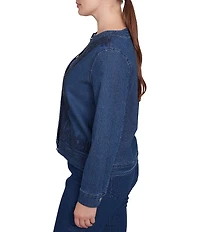 Ruby Rd. Petite Size Embroidered Denim Round Neck Long Sleeve Button-Front Jacket