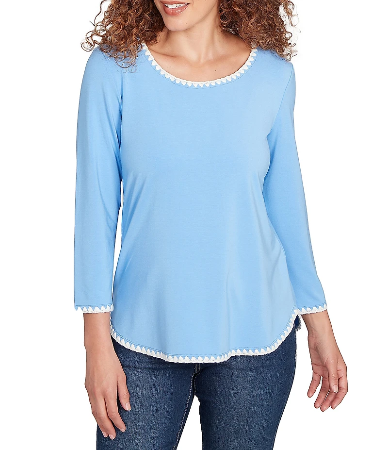 Ruby Rd. Petite Size Embroidered Scoop Neck 3/4 Sleeve Soft Jersey Knit Top