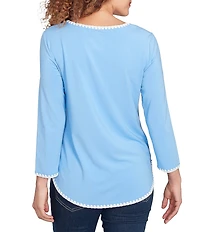 Ruby Rd. Petite Size Embroidered Scoop Neck 3/4 Sleeve Soft Jersey Knit Top
