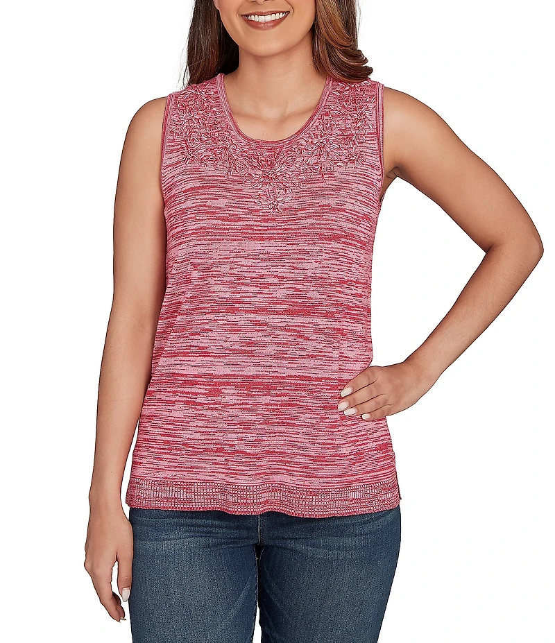 Ruby Rd. Petite Size Embroidered Soft Marled Knit Scoop Neck Sleeveless Sweater Tank