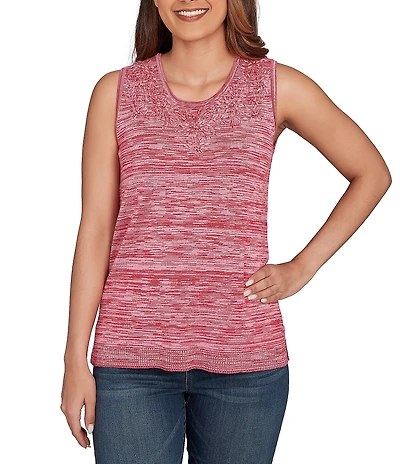 Ruby Rd. Petite Size Embroidered Soft Marled Knit Scoop Neck Sleeveless Sweater Tank