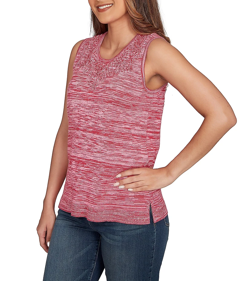 Ruby Rd. Petite Size Embroidered Soft Marled Knit Scoop Neck Sleeveless Sweater Tank