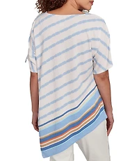 Ruby Rd. Petite Size Embroidered Stripe Scoop Neck Short Sleeve Asymmetric Hem Knit Top