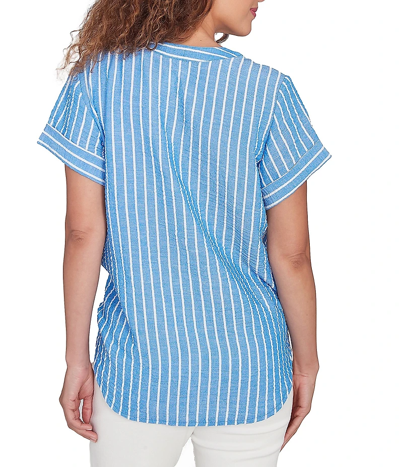 Ruby Rd. Petite Size Embroidered Stripe Split V-Neck Short Sleeve Tie-Front Top