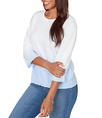 Ruby Rd. Petite Size Fine-Gauge Knit Ombre Wash Ribbed Crew Neck 3/4 Sleeve Sweater Top