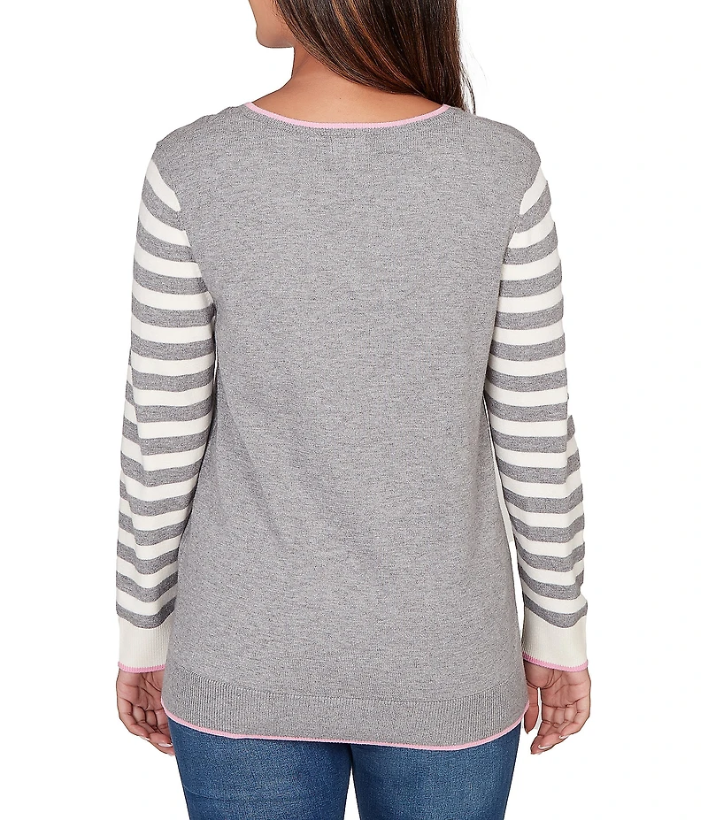 Ruby Rd. Petite Size Fine-Gauge Knit V-Neck Long Stripe Sleeve Maltese Sweater