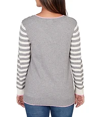 Ruby Rd. Petite Size Fine-Gauge Knit V-Neck Long Stripe Sleeve Maltese Sweater