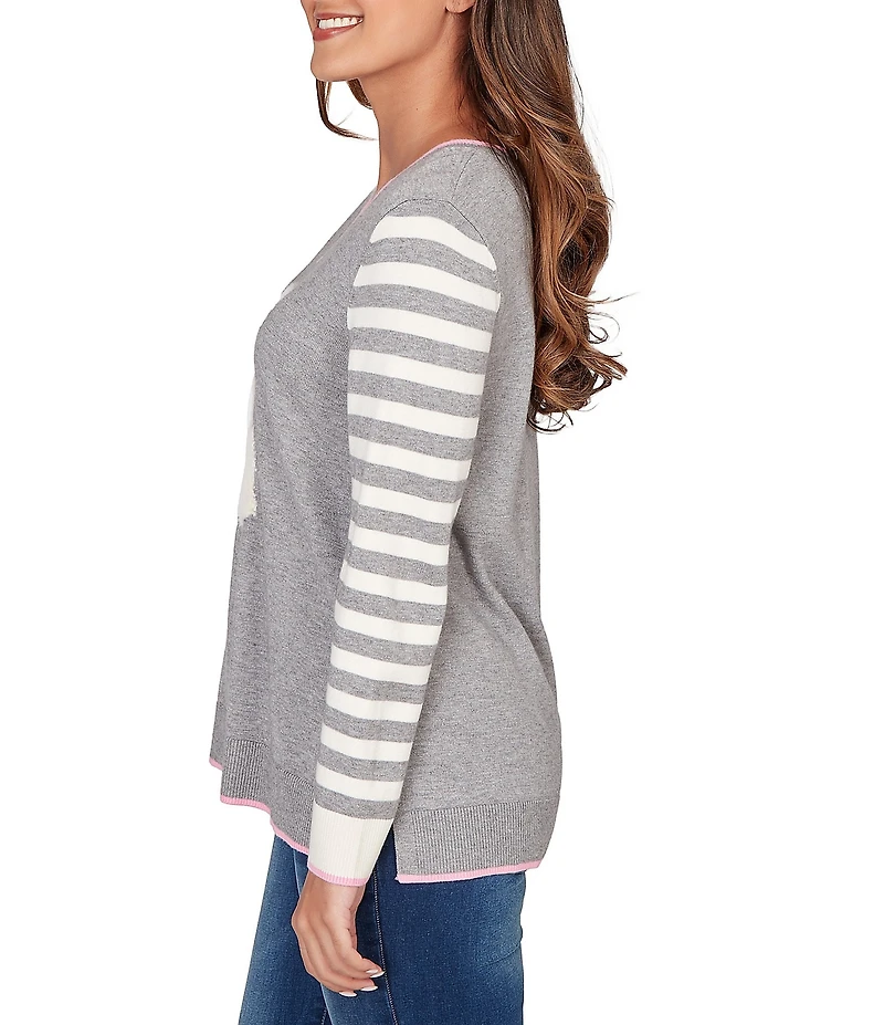 Ruby Rd. Petite Size Fine-Gauge Knit V-Neck Long Stripe Sleeve Maltese Sweater