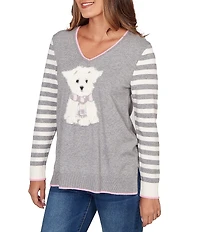 Ruby Rd. Petite Size Fine-Gauge Knit V-Neck Long Stripe Sleeve Maltese Sweater