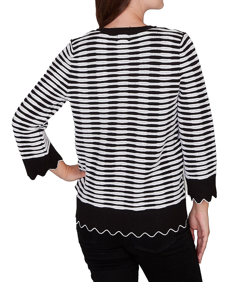 Ruby Rd. Petite Size Fine Gauge Stripe Scalloped Long Sleeve Button-Front Sweater