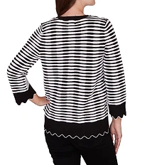 Ruby Rd. Petite Size Fine Gauge Stripe Scalloped Long Sleeve Button-Front Sweater