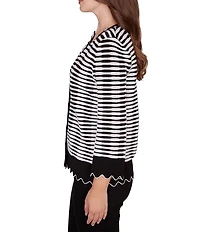 Ruby Rd. Petite Size Fine Gauge Stripe Scalloped Long Sleeve Button-Front Sweater
