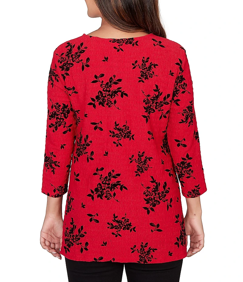 Ruby Rd. Petite Size Flocking Floral Print Knit 3/4 Sleeve Lace Crossover Hem Top