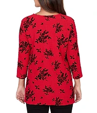 Ruby Rd. Petite Size Flocking Floral Print Knit 3/4 Sleeve Lace Crossover Hem Top