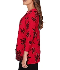 Ruby Rd. Petite Size Flocking Floral Print Knit 3/4 Sleeve Lace Crossover Hem Top