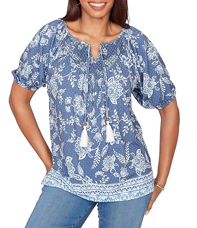 Ruby Rd. Petite Size Floral Border Print Split V-Neck Short Sleeve Tassel Tie Top