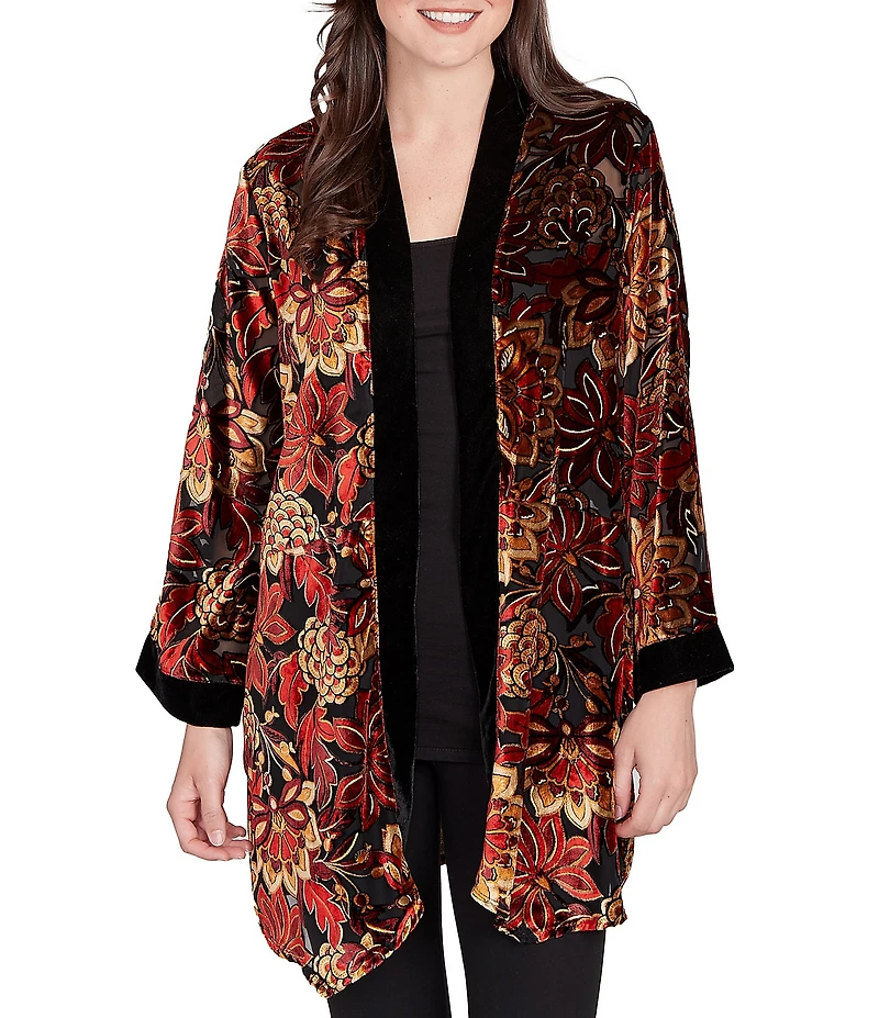 Ruby Rd. Petite Size Floral Burnout Velvet Shawl Collar Bracelet Sleeve Open-Front Cardigan