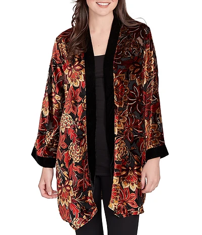 Ruby Rd. Petite Size Floral Burnout Velvet Shawl Collar Bracelet Sleeve Open-Front Cardigan