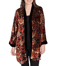 Ruby Rd. Petite Size Floral Burnout Velvet Shawl Collar Bracelet Sleeve Open-Front Cardigan