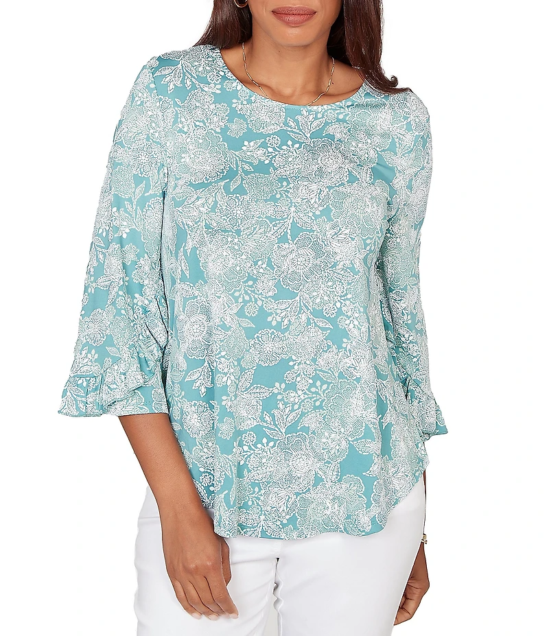 Ruby Rd. Petite Size Floral Scoop Neck 3/4 Ruffle Trim Sleeve Top
