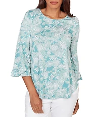 Ruby Rd. Petite Size Floral Scoop Neck 3/4 Ruffle Trim Sleeve Top