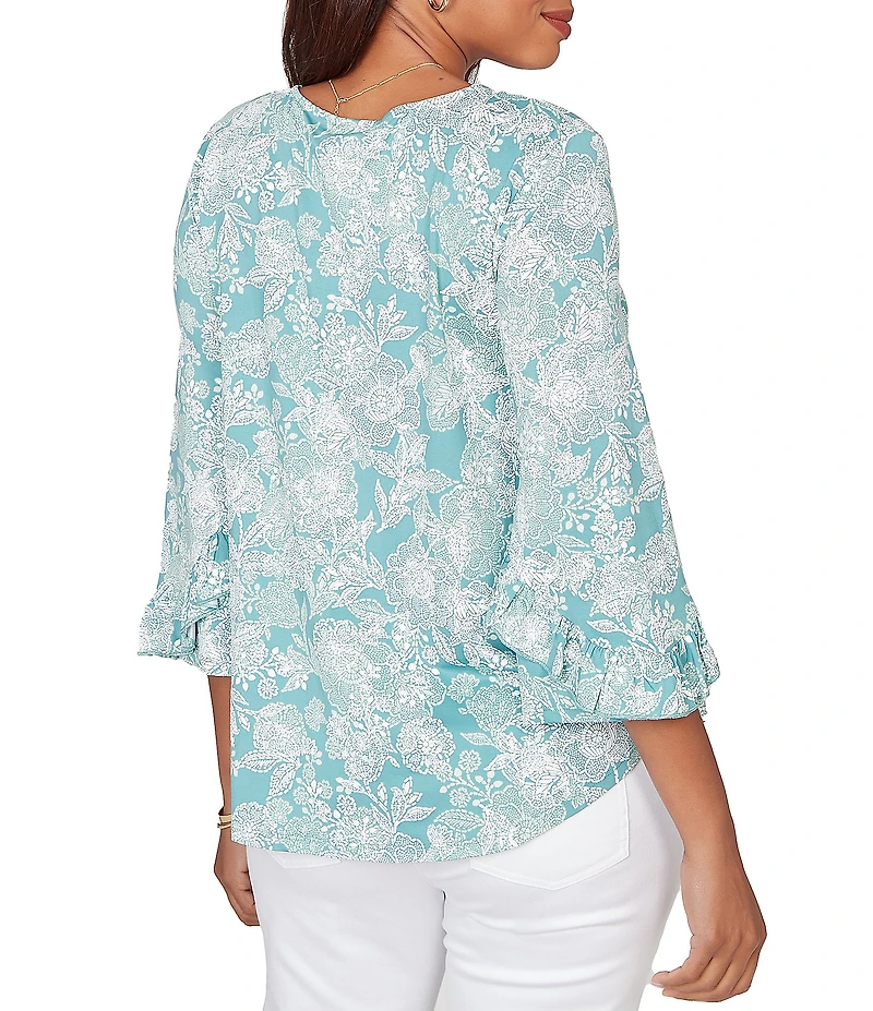 Ruby Rd. Petite Size Floral Scoop Neck 3/4 Ruffle Trim Sleeve Top