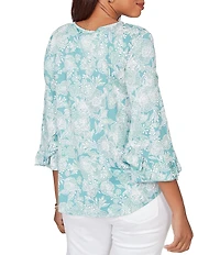 Ruby Rd. Petite Size Floral Scoop Neck 3/4 Ruffle Trim Sleeve Top